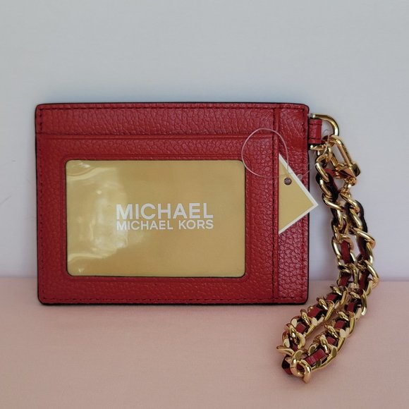 MICHAEL KORS Jet Set Small ID Pebbled Leather Chain Card Holder Case-Crimson - Picture 1 of 16